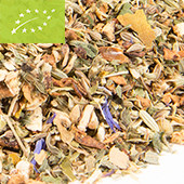 Aromatisierter Kräutertee mit Blüten und Fruchtstücken in Bio-Qualität.